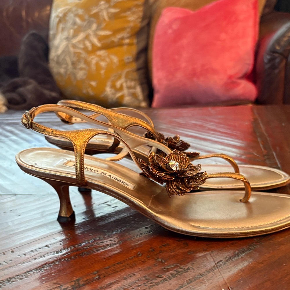 Manolo Blahnik Bronze Floral Heels